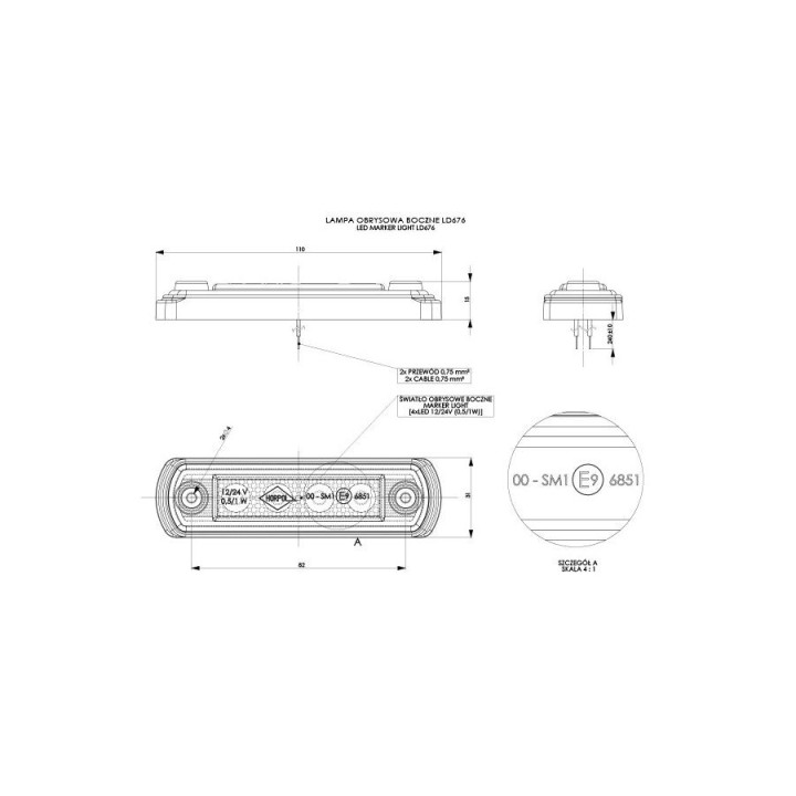 HORPOL LED-Umrissleuchte – HOR65 LD676 orange mit Gummireflektor 12/24 V ECE