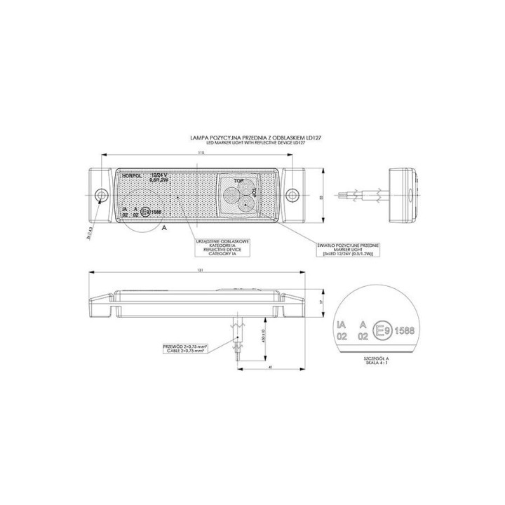 HORPOL lampa LED obrysowa - HOR41 LD127 weiß z odblaskiem 12/24 V ECE