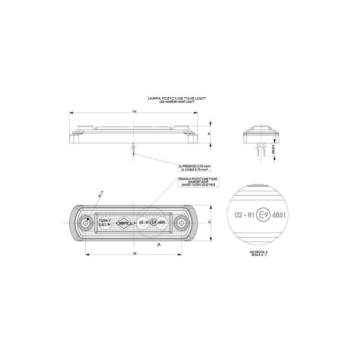 HORPOL LED-Umrissleuchte – HOR65 LD677 rot mit Gummireflektor 12/24 V ECE