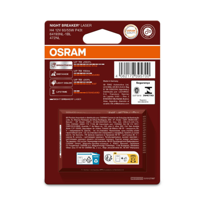 OSRAM NIGHT BREAKER LASER 64193NL-1BL H4 P43t 12 V 60/55 W