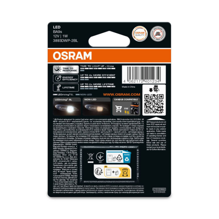 OSRAM LEDrivin SL 3893DWP-2BL ~T4W BA9s 12 V 0, 8 W
