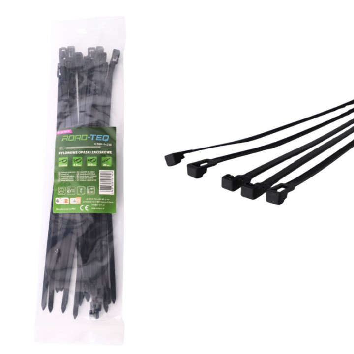 Nylonowe opaski zaciskowe wielokrotnego użytku ROAD-TEQ w:7, 2x250mm 20szt. czarne