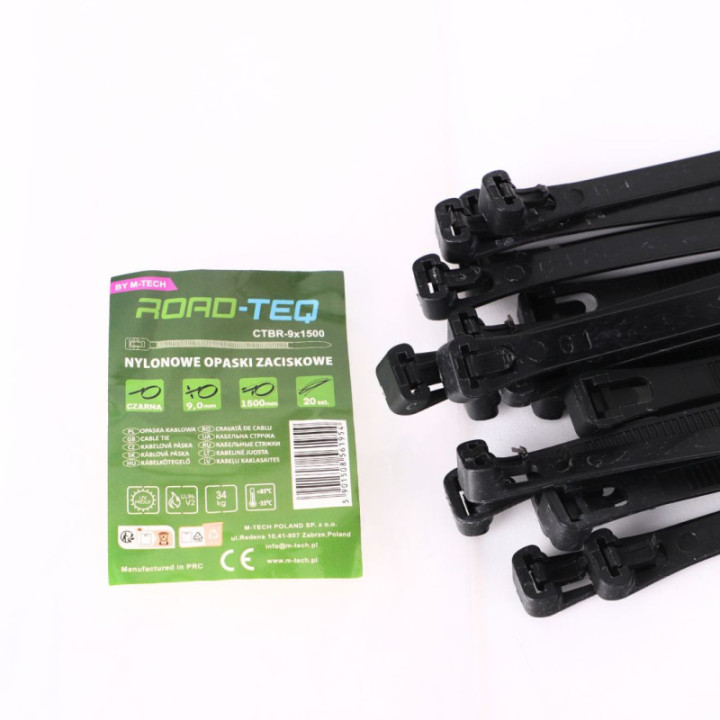Wiederverwendbare Nylon-Kabelbinder ROAD-TEQ, 9 x 1500 mm, 20 Stück, schwarz
