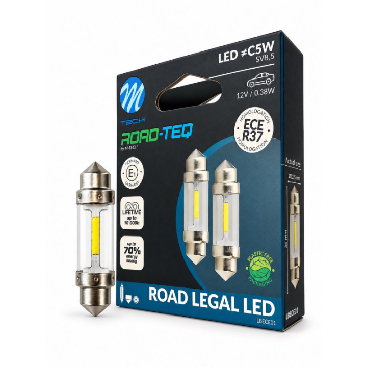 ROAD-TEQ 2x E-Mark LED C5W 36 mm 12 V 1 W ECE R37 E1 weiß