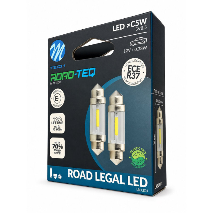 ROAD-TEQ 2x E-Mark LED C5W 36 mm 12 V 1 W ECE R37 E1 weiß