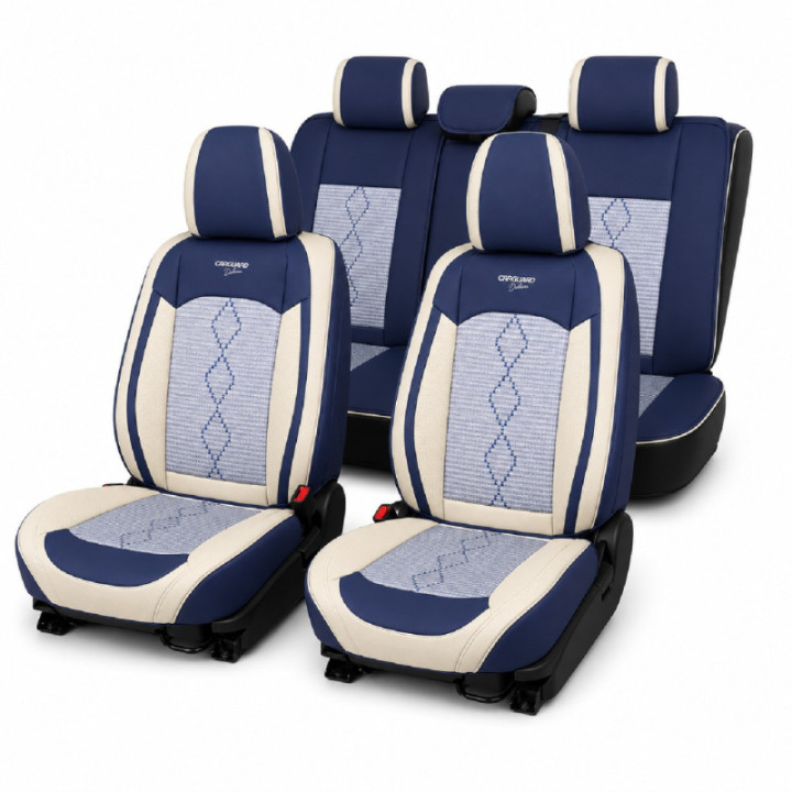 Premium-Autositzbezüge 5-Sitzer, Carguard Deluxe, perforiertes Kunstleder und Textil - blau - weiß