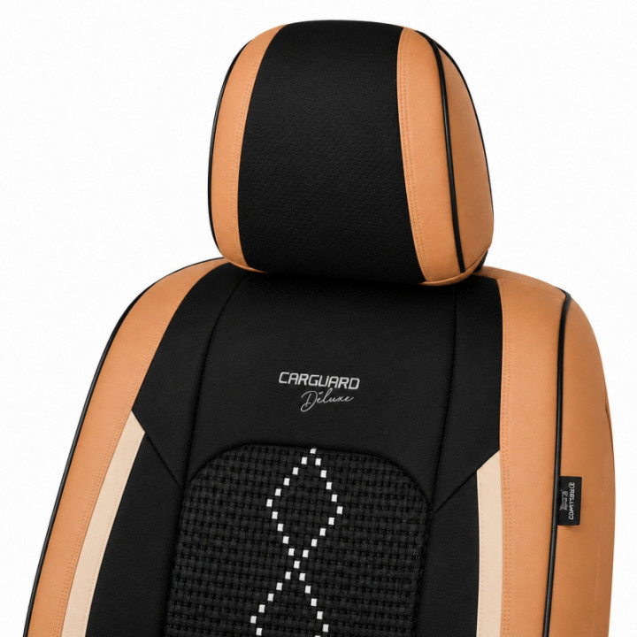 Premium-Autositzbezüge 5-Sitzer, Carguard Deluxe, perforiertes Kunstleder und Textil - Karamellbraun