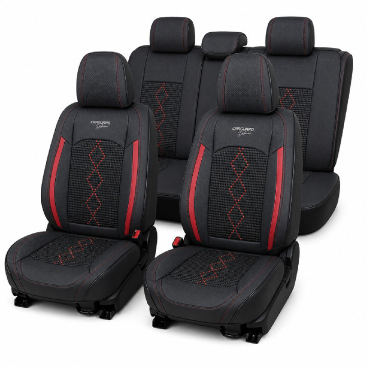 Premium-Autositzbezüge 5-Sitzer, Carguard Deluxe, perforiertes Kunstleder und Textil - schwarz - dunkelrot