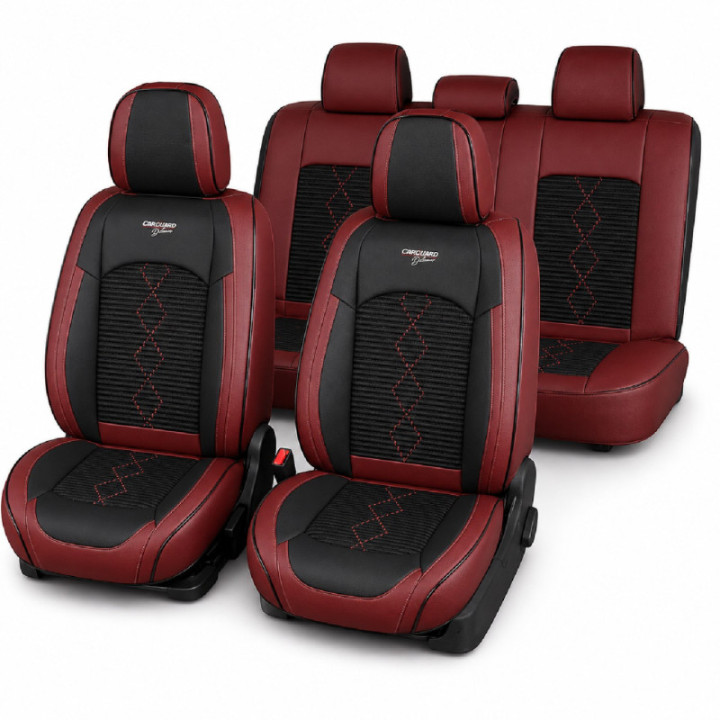 Premium-Autositzbezüge 5-Sitzer, Carguard Deluxe, perforiertes Kunstleder und Textil - dunkelrot - schwarz