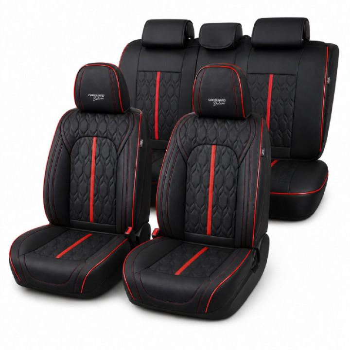Premium-Autositzbezüge 5-Sitzer, Carguard Deluxe, perforiertes Kunstleder - schwarz - rot